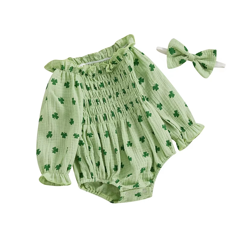 Baby Girl St Patricks Day Shamrock Print Romper and Headband