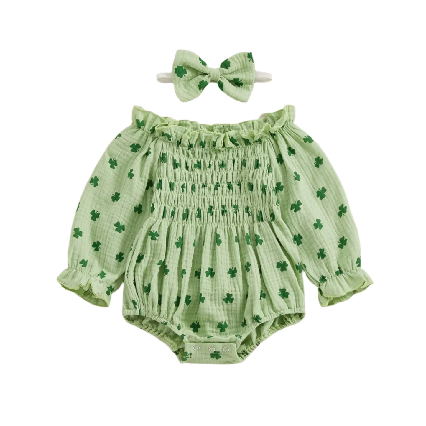Baby Girl St Patricks Day Shamrock Print Romper and Headband