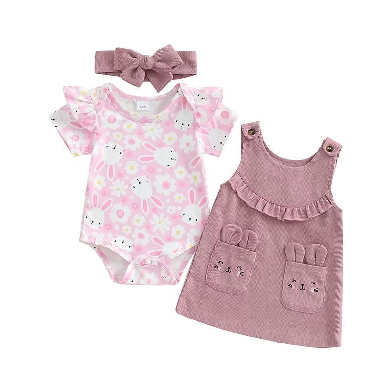 Baby Girl Easter Outfit Bunny Flower Short Sleeve Romper Overall Dress Tie-Up Headband 3 Pcs Set