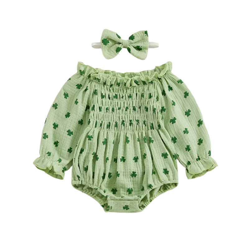 Baby Girl St Patricks Day Shamrock Print Romper and Headband
