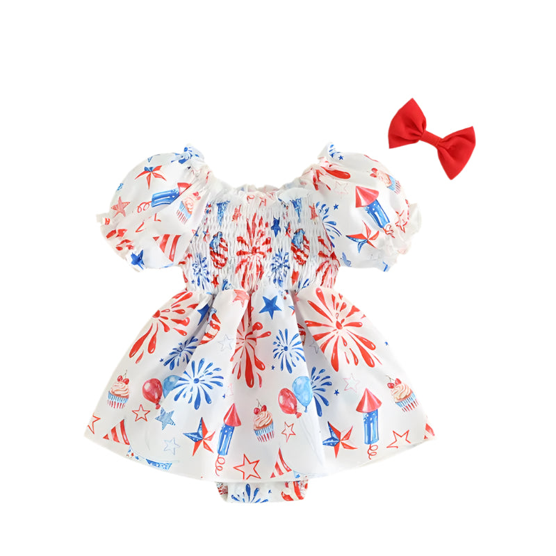 Baby Girl 4Th of July Romper Dress with Puff Sleeves and Bow Headband