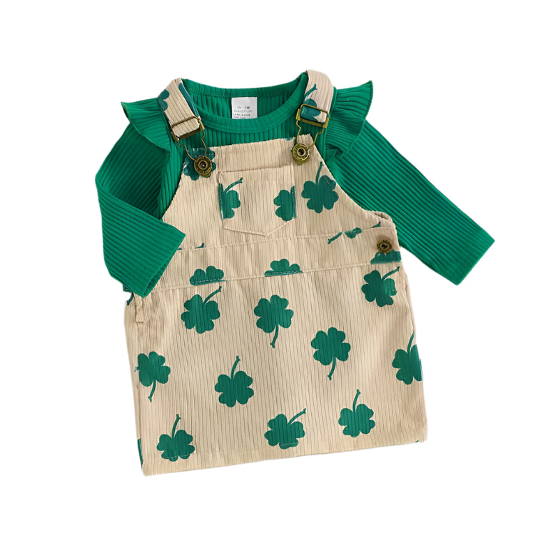 2024-10-17 0-24M Baby Girls Irish Day Skirt Sets Solid Color Long Sleeve Romper Clover Print Suspender Skirt Sets
