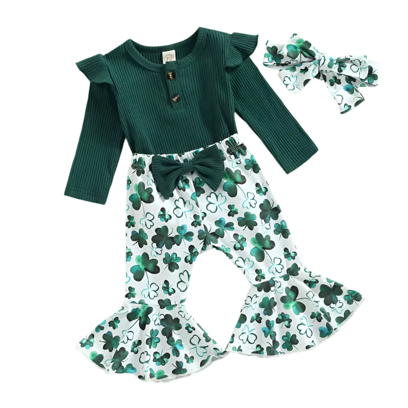 2022-12-07 St Patrick'S Day 0-18M Baby Girl Clothes Solid Long Fly Sleeve Crew Neck Romper Clover Print Flare Pant