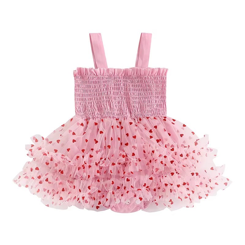 2024-10-7 Summer Infant Baby Girl Valentine'S Day Romper Dress Sleeveless Heart Print Skirt Hem Tulle Jumpsuit Clothes