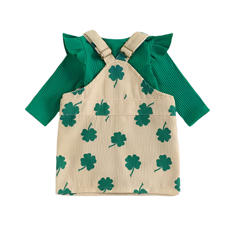 2024-10-17 0-24M Baby Girls Irish Day Skirt Sets Solid Color Long Sleeve Romper Clover Print Suspender Skirt Sets