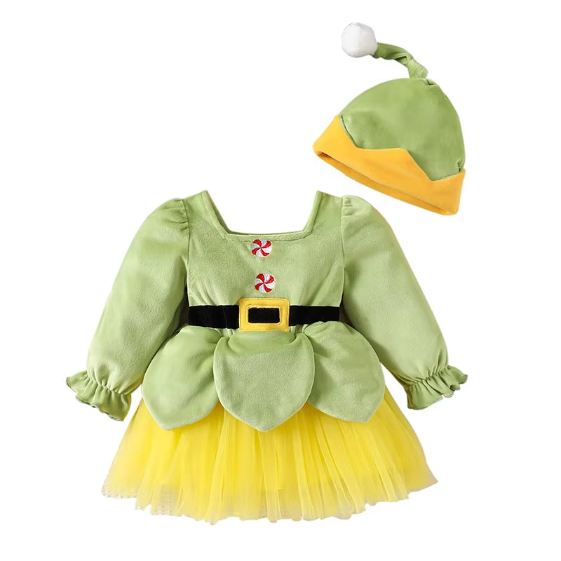 Baby Girl Christmas Elf Dress/Costume with Embroidered Layered Tulle Patchwork Dress with Hat