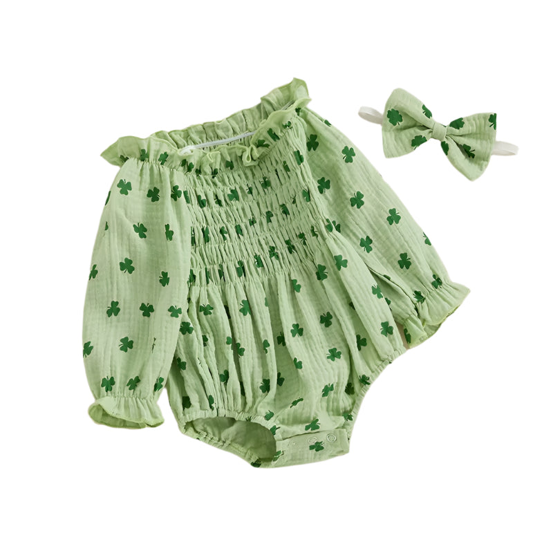 Baby Girl St Patricks Day Shamrock Print Romper and Headband