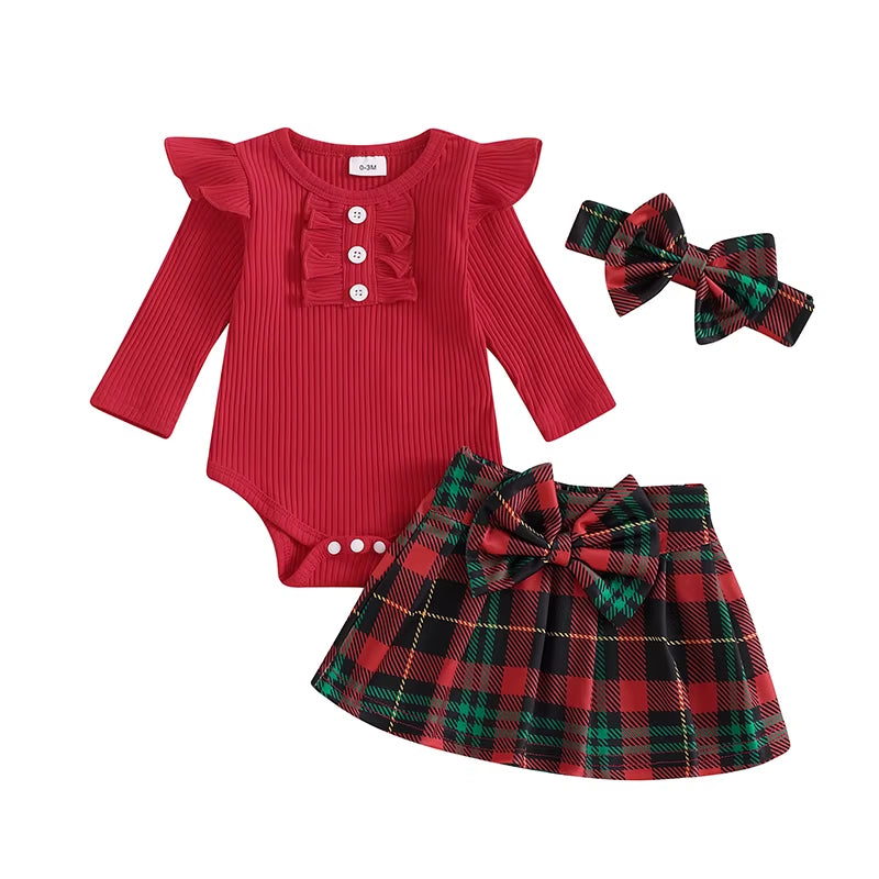 Adorable Baby Girl Christmas Outfits Long Sleeve with Plaid Skirt and Headband