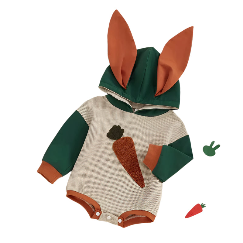 Baby Boys' Hooded Rabbit Ears Romper with Carrot Embroidery - Long Sleeve