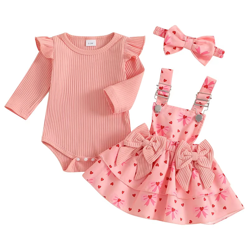 3Pcs Valentines Day Fashion Toddler Baby Girl Clothes Set Long Sleeve Romper Heart Suspender Skirt + Headband Outfit Set Clothes