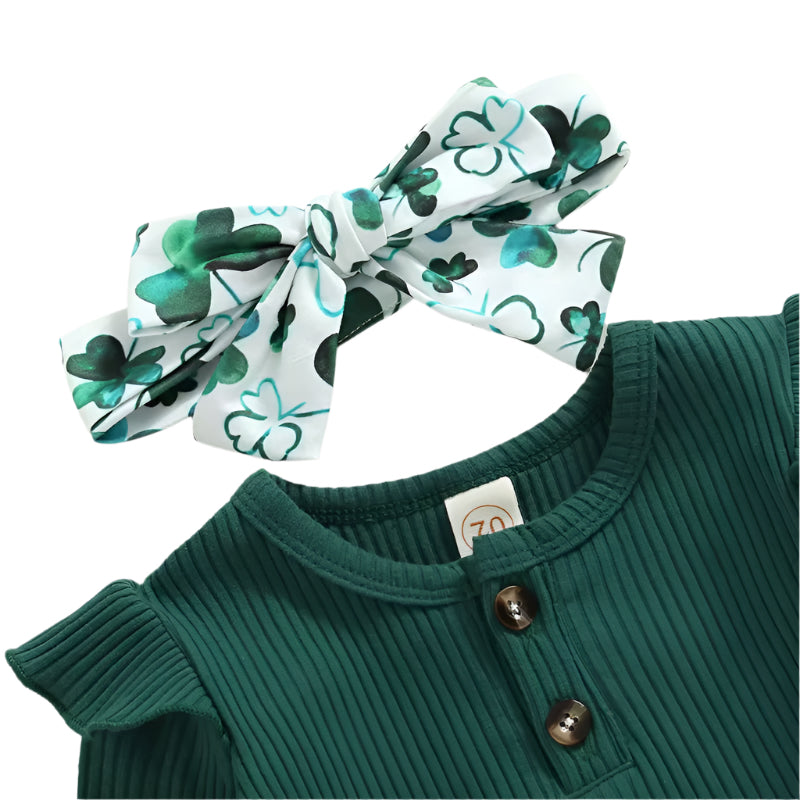 2022-12-07 St Patrick'S Day 0-18M Baby Girl Clothes Solid Long Fly Sleeve Crew Neck Romper Clover Print Flare Pant