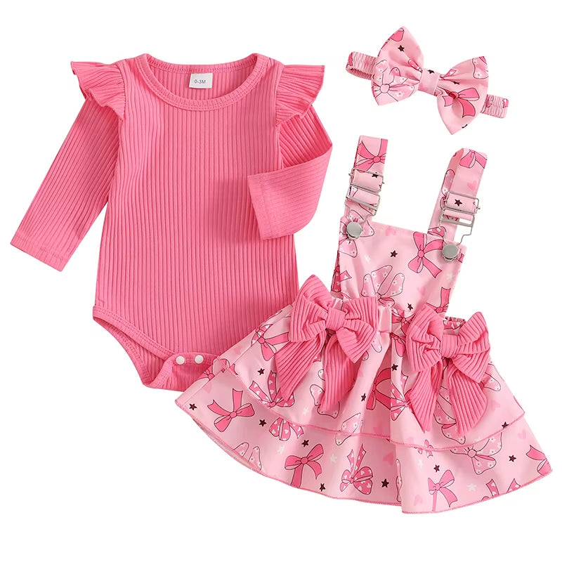 3Pcs Valentines Day Fashion Toddler Baby Girl Clothes Set Long Sleeve Romper Heart Suspender Skirt + Headband Outfit Set Clothes
