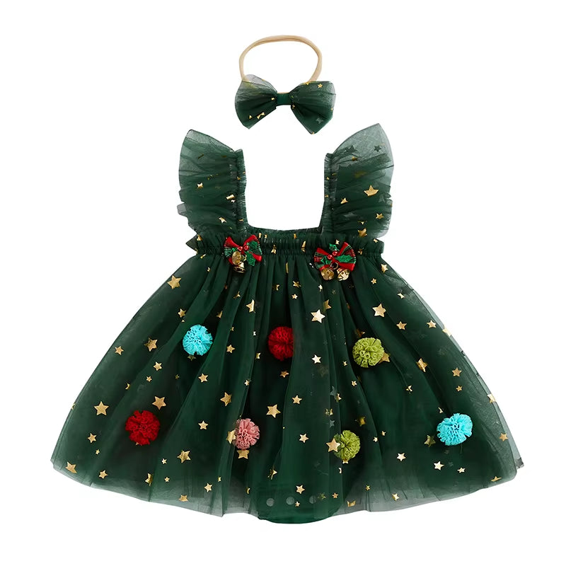 Baby Girl Christmas Tree Dress with Headband