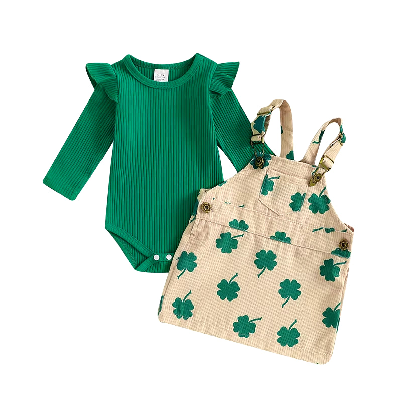 2024-10-17 0-24M Baby Girls Irish Day Skirt Sets Solid Color Long Sleeve Romper Clover Print Suspender Skirt Sets