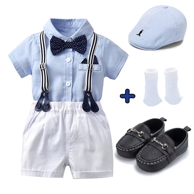 Stylish Baby Boy Outfit for First Birthday/Wedding/Photoshoot - 5 Piece - Shirt, Dungarees, Shoes, Socks and Hat