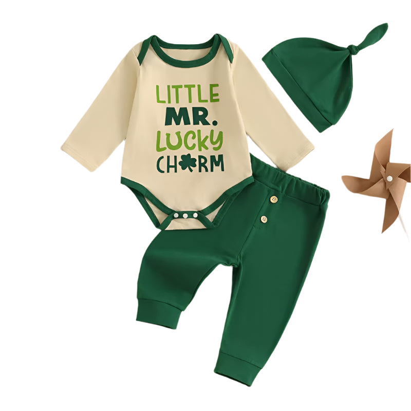 2024-10-24 Baby Boy Irish Day Outfit Letter Shamrock Print Long Sleeve Rompers and Elastic Pants Hat Set 3PCS Clothes