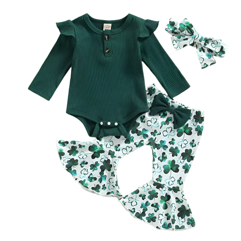 2022-12-07 St Patrick'S Day 0-18M Baby Girl Clothes Solid Long Fly Sleeve Crew Neck Romper Clover Print Flare Pant