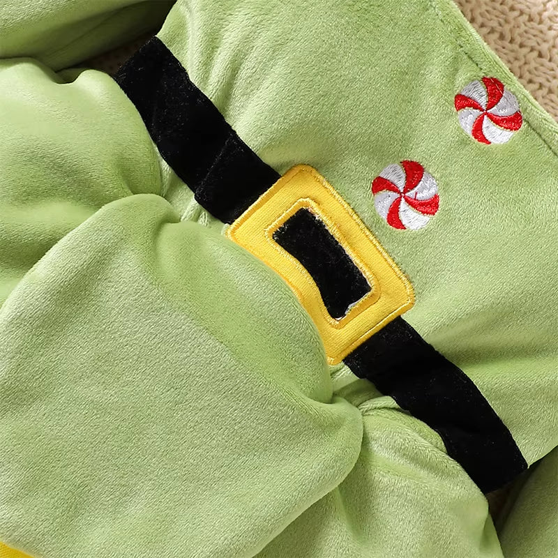Baby Girl Christmas Elf Dress/Costume with Embroidered Layered Tulle Patchwork Dress  with Hat