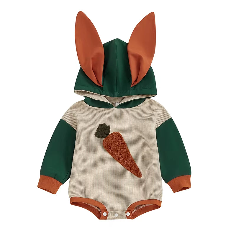 Baby Boys' Hooded Rabbit Ears Romper with Carrot Embroidery - Long Sleeve 