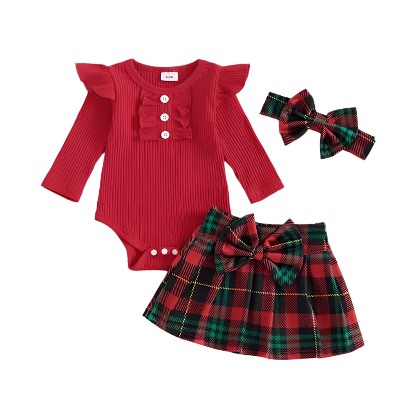 Adorable Baby Girl Christmas Outfits Long Sleeve with Plaid Skirt and Headband 