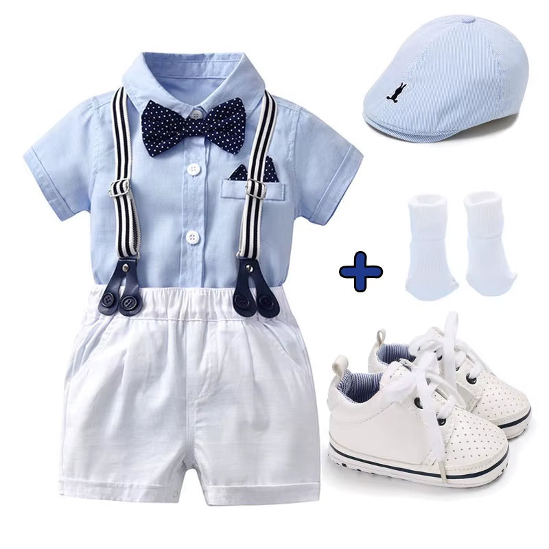 Stylish Baby Boy Outfit for First Birthday/Wedding/Photoshoot - 5 Piece - Shirt, Dungarees, Shoes, Socks and Hat