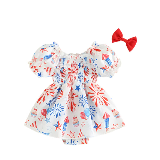 Baby Girl 4Th of July Romper Dress with Puff Sleeves and Bow Headband