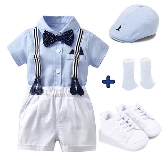 Stylish Baby Boy Outfit for First Birthday/Wedding/Photoshoot - 5 Piece - Shirt, Dungarees, Shoes, Socks and Hat