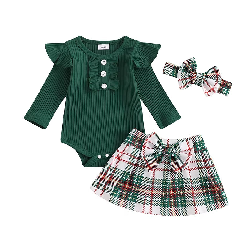 Adorable Baby Girl Christmas Outfits Long Sleeve with Plaid Skirt and Headband 