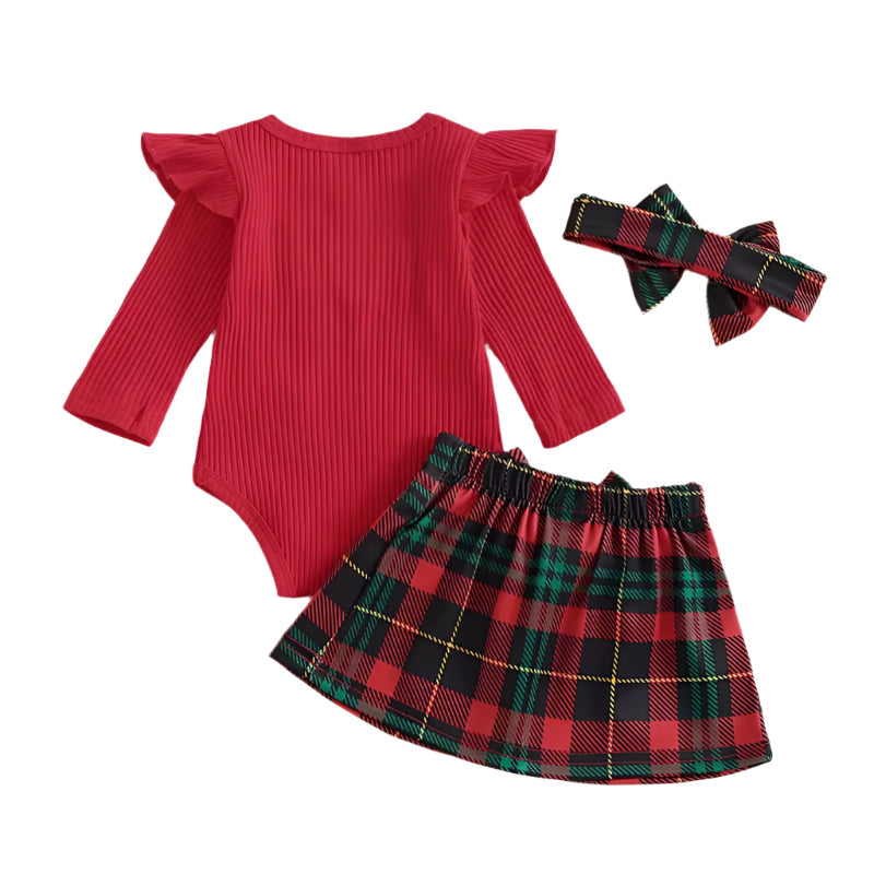 Adorable Baby Girl Christmas Outfits Long Sleeve with Plaid Skirt and Headband 