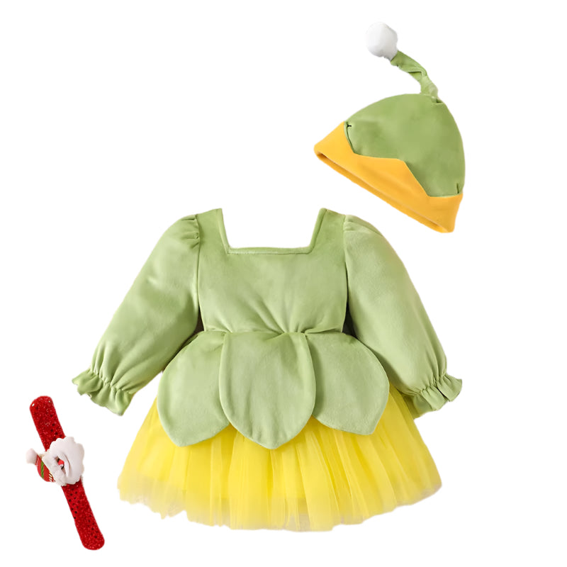 Baby Girl Christmas Elf Dress/Costume with Embroidered Layered Tulle Patchwork Dress  with Hat