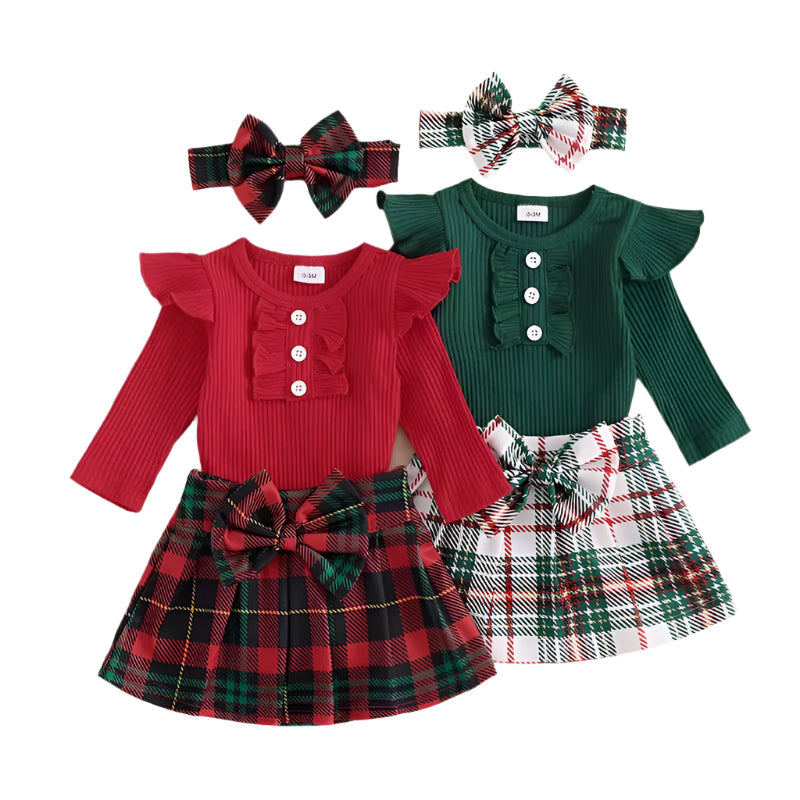 Adorable Baby Girl Christmas Outfits Long Sleeve with Plaid Skirt and Headband 