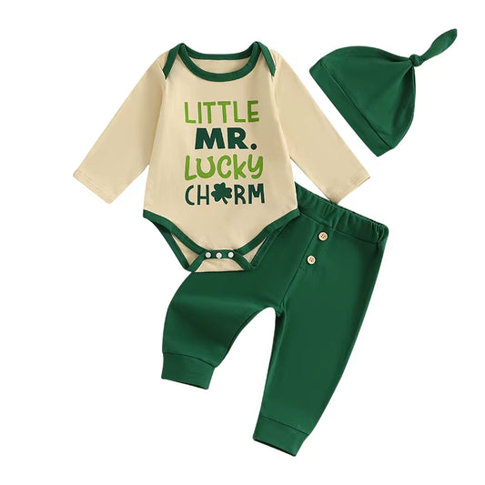 2024-10-24  Baby Boy Irish Day Outfit Letter Shamrock Print Long Sleeve Rompers and Elastic Pants Hat Set 3PCS Clothes